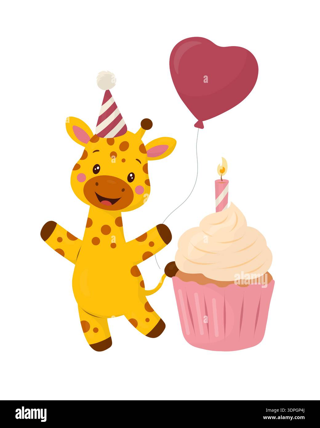 Giraffa in un cappello da festa con un palloncino a forma di cuore, un cupcake di compleanno e una candela illuminata. Illustrazione vettoriale.?personaggio animale da safari per bambini per k Illustrazione Vettoriale