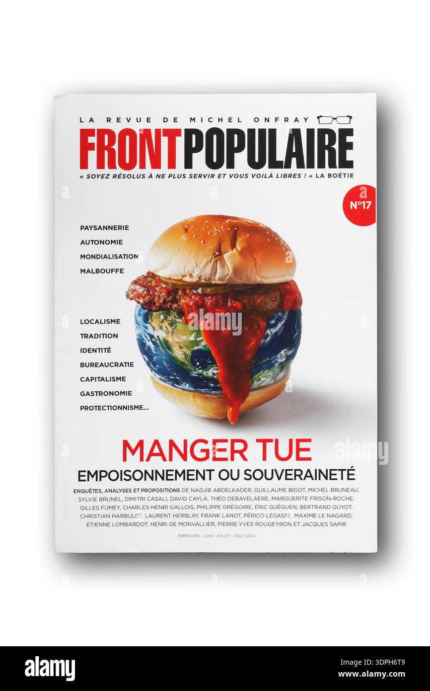 La copertina di Front Populaire mostra la Terra come un hamburger, simboleggiando il legame tra il consumo globale e la nostra salute planetaria. Foto Stock
