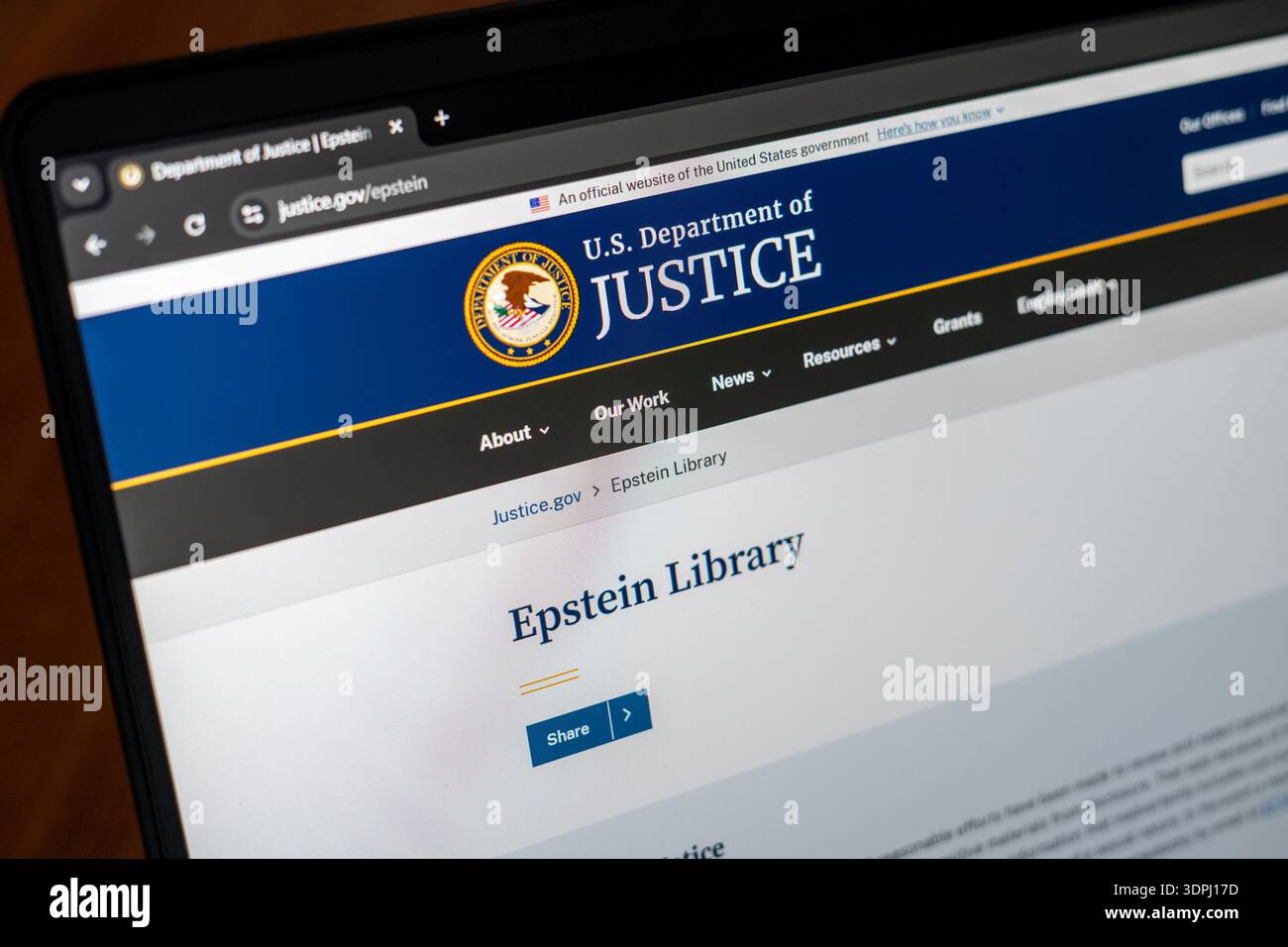 Screen With ha aperto la Epstein Library sul sito web del Dipartimento di giustizia degli Stati Uniti d'America - 2 febbraio 2026 Foto Stock