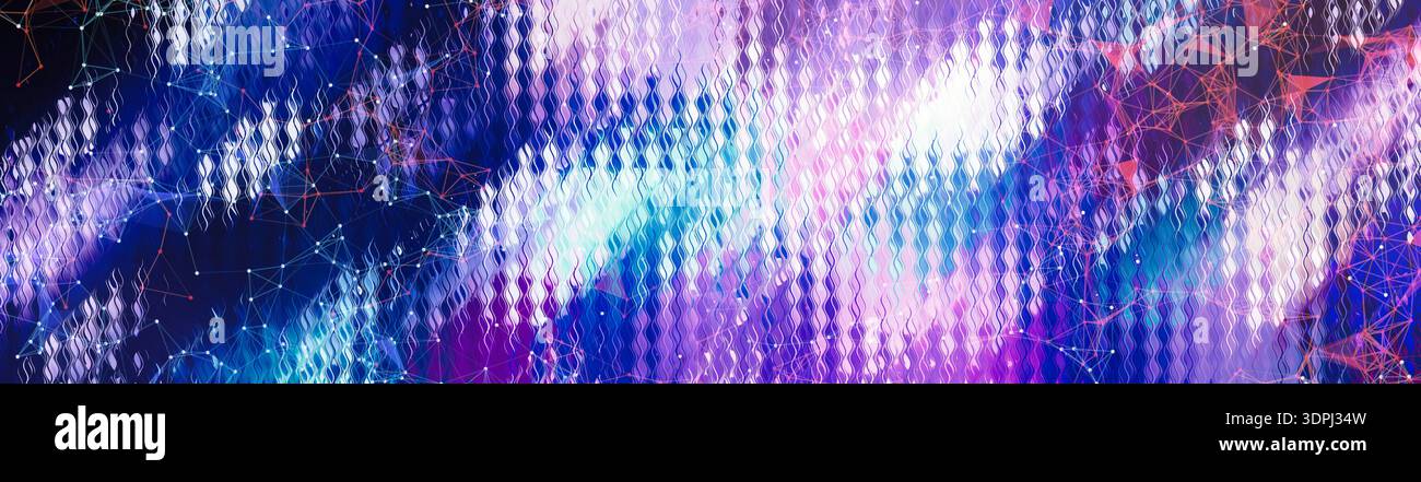 Sfondo olografico futuristico astratto con rete a maglia neon e struttura in vetro iridescente, superficie cibernetica sfumata blu viola con connessione digitale Foto Stock