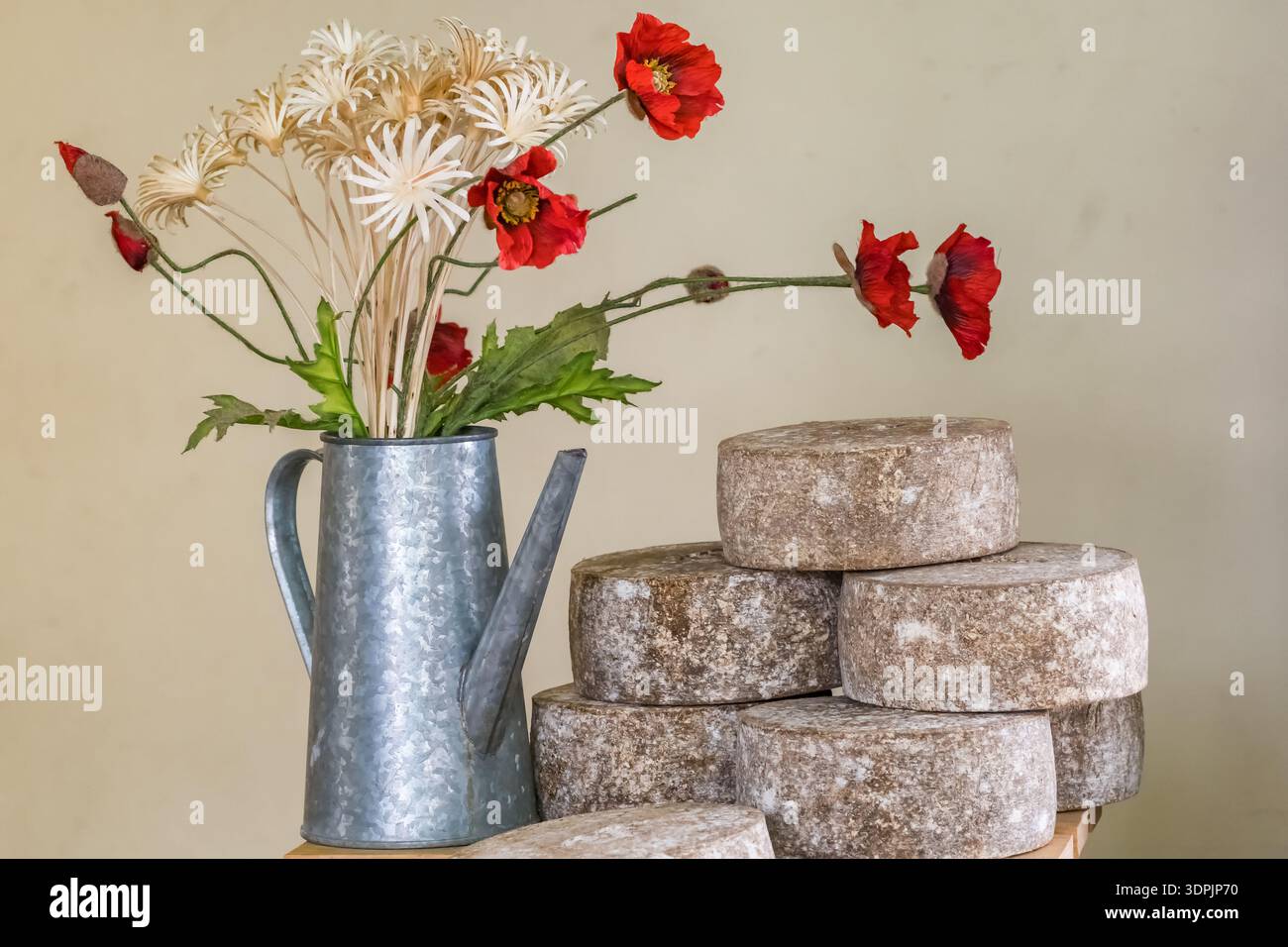 Natura morta con papaveri rossi in caraffa di metallo e rotoli di formaggio Foto Stock