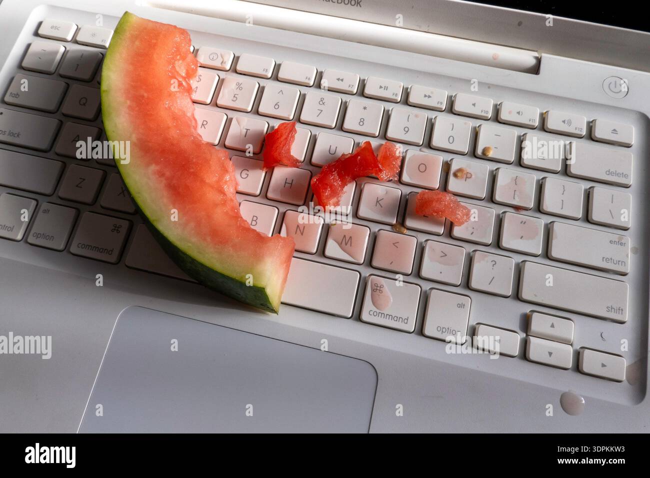 Primo piano dell'anguria versata sulla tastiera di un computer, 2026, Stati Uniti Foto Stock