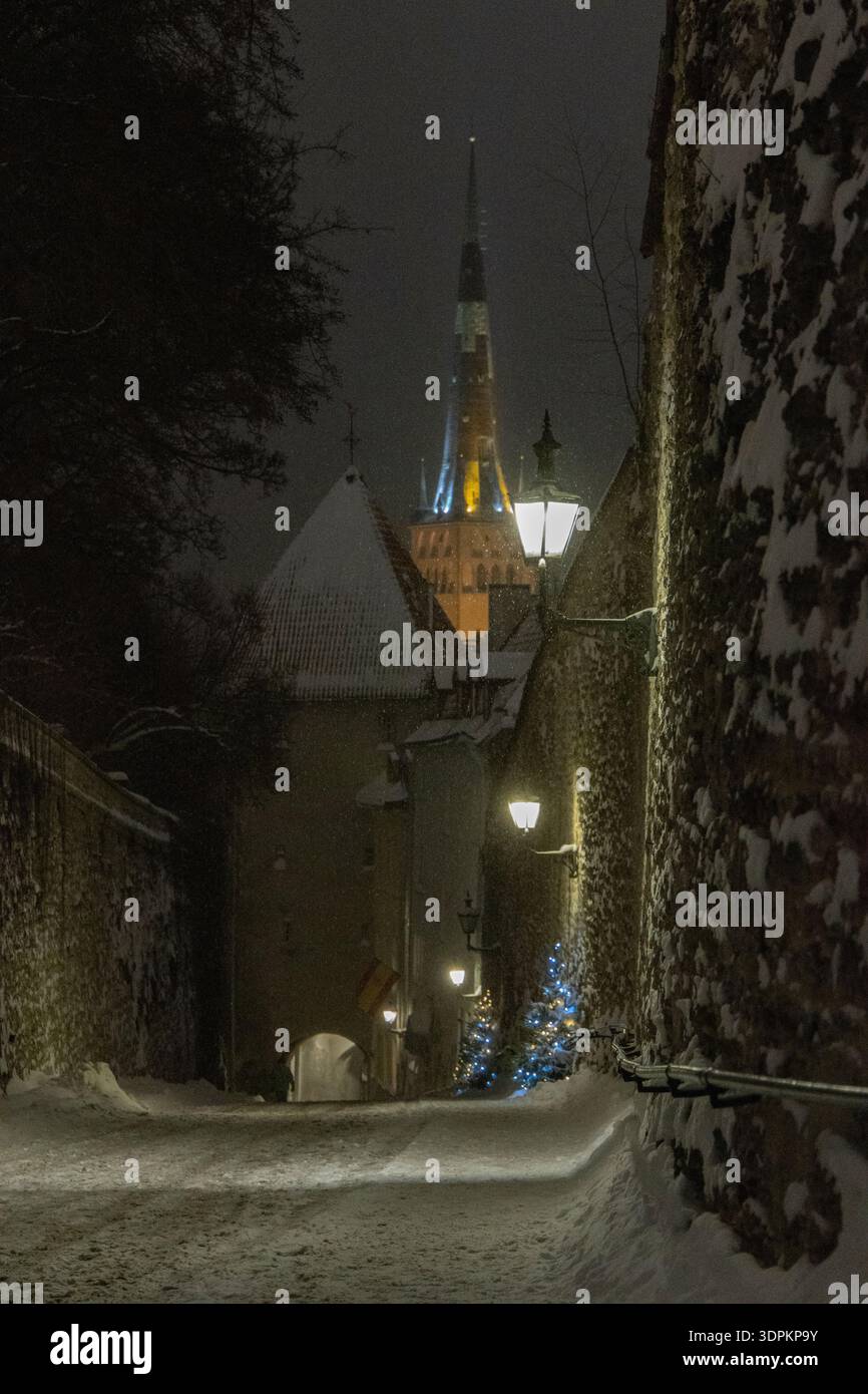 Tallinn, Estonia, in una notte buia e nevosa Foto Stock