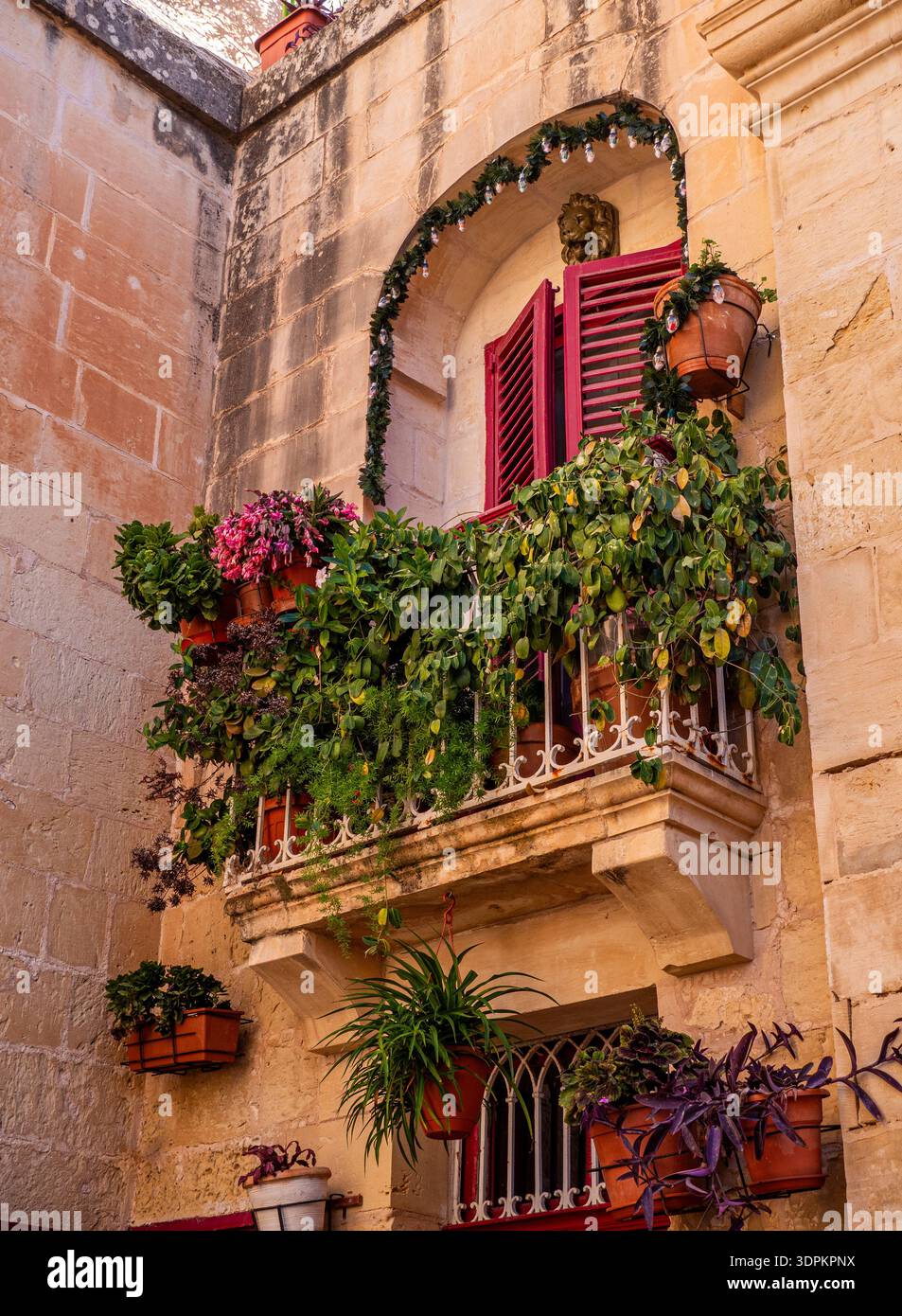 Balcone coperto di fiori nella vecchia città europea Foto Stock
