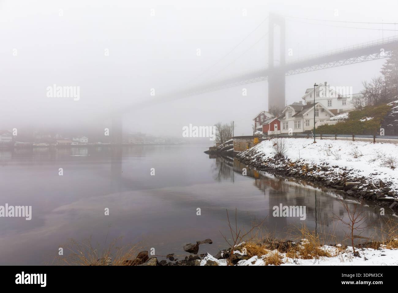 Presenza nebbiosa di suggestivo attraversamento settentrionale, grande ponte sospeso e case sul lungomare parzialmente nascoste nella fitta nebbia sopra la calma insenatura per i locali Foto Stock
