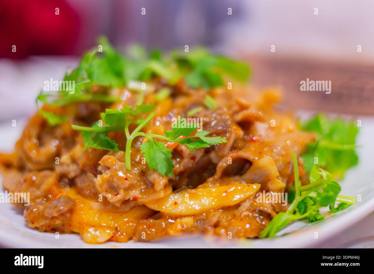 il manzo salato saltato e condito con coriandolo vibrante Foto Stock