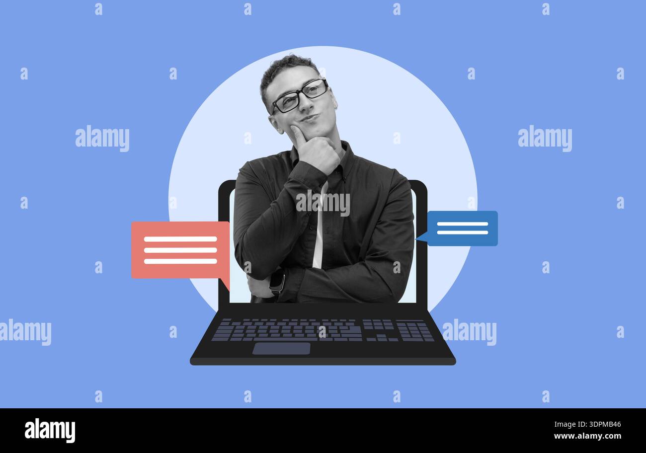 Uomo che sta pensando davanti al laptop con bolle vocali su sfondo blu in Collection of Digital Art Foto Stock