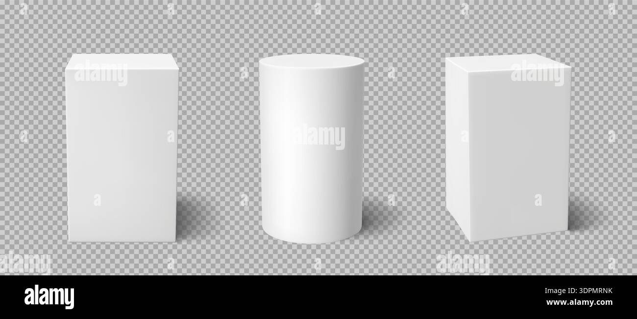 Piattaforma di visualizzazione a podio a colonna 3D bianca con piedistallo geometrico: Cubo realistico e set di mockup a colonna cilindrica. Illustrazione Vettoriale