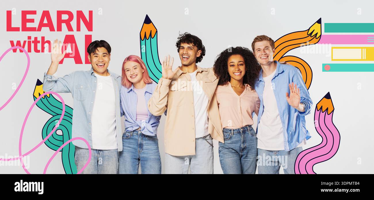 Gruppo di amici sorridono e Wave insieme in Studio durante Creative Session Foto Stock