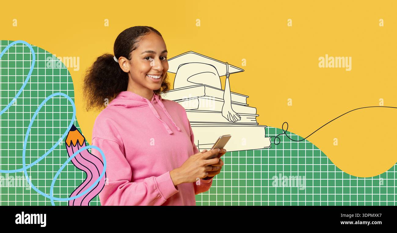 Happy African Teen Girl che scrive sul cellulare davanti allo sfondo giallo brillante Foto Stock