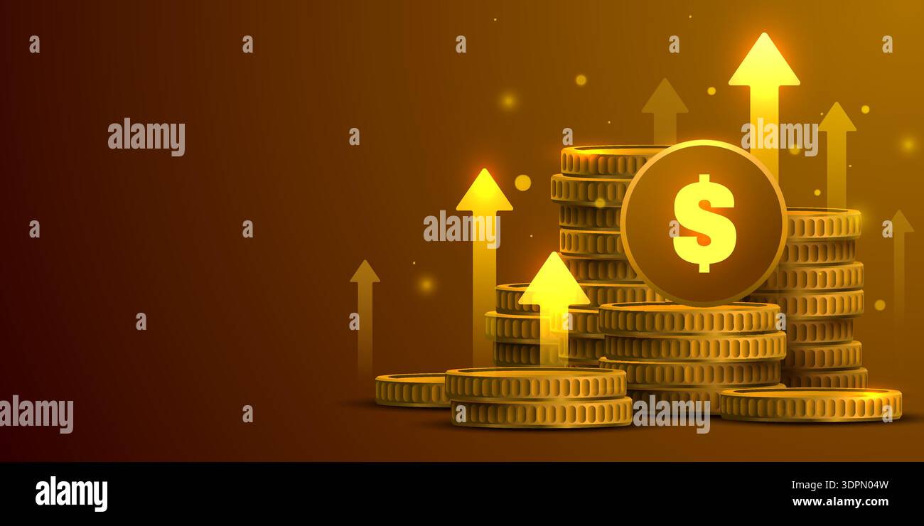 Monete d'oro che si accumulano con segni del dollaro e frecce in aumento, simboleggiano la crescita finanziaria e il successo. Illustrazione vettoriale Illustrazione Vettoriale