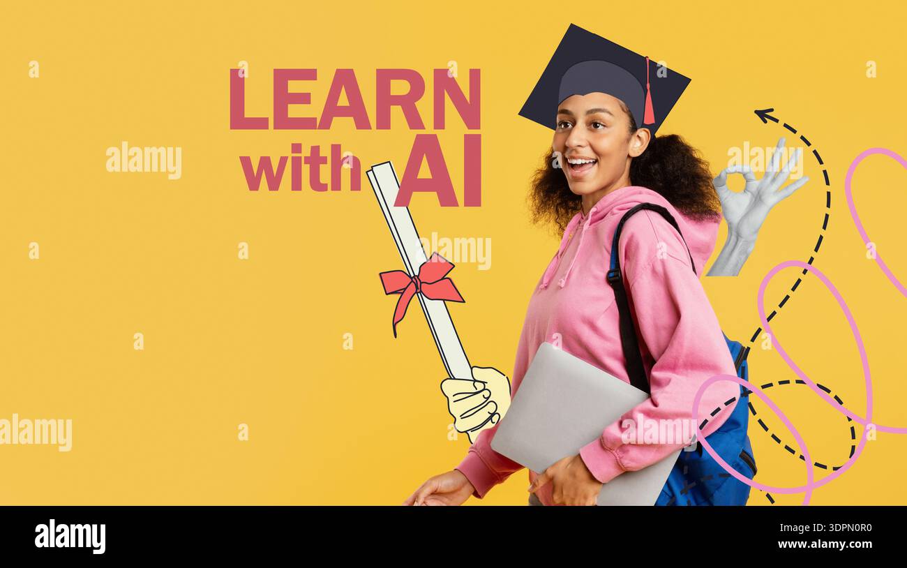 Student Girl porta laptop e zaino con entusiasmo su sfondo giallo per il nuovo semestre Foto Stock