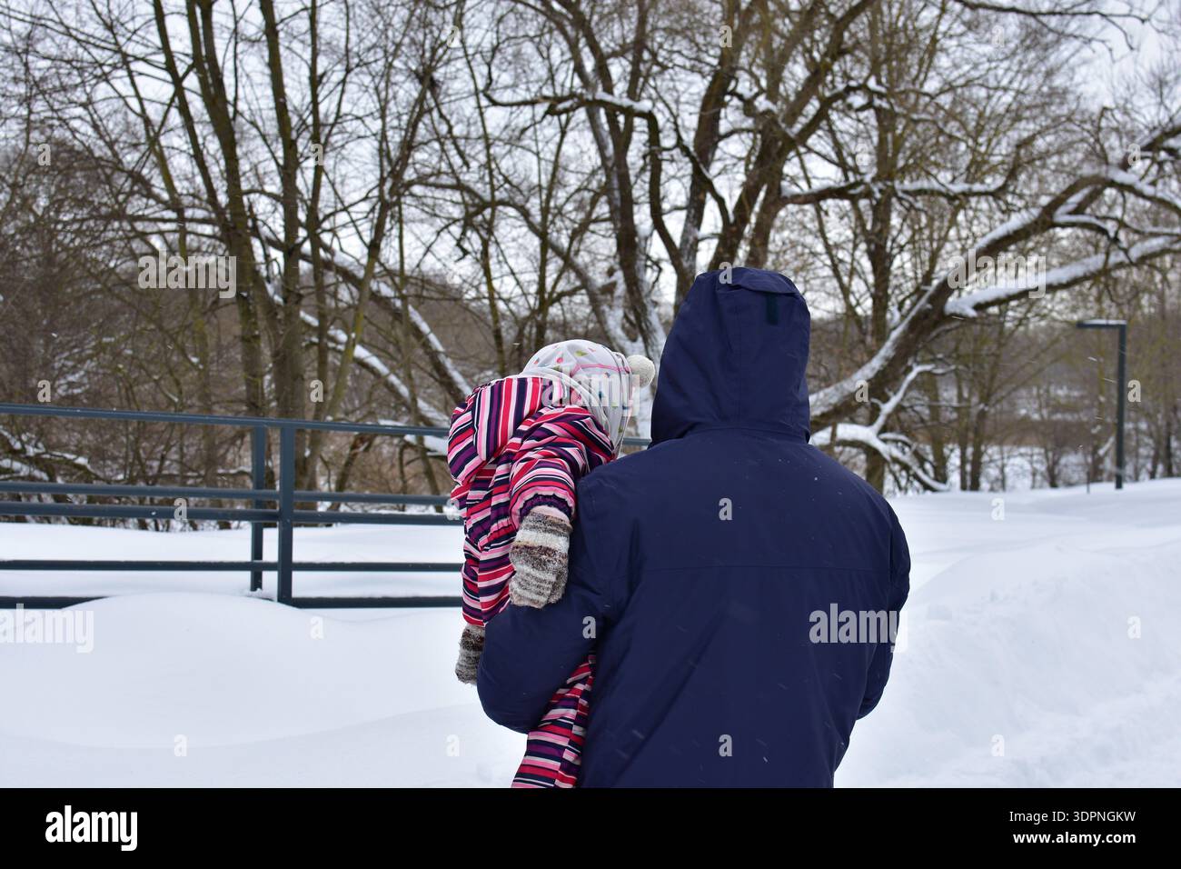 Padre genitore che trasporta una bambina piccola su un sentiero innevato nel parco invernale. Momenti caldi in famiglia all'aperto con il freddo, con alberi innevati e. Foto Stock