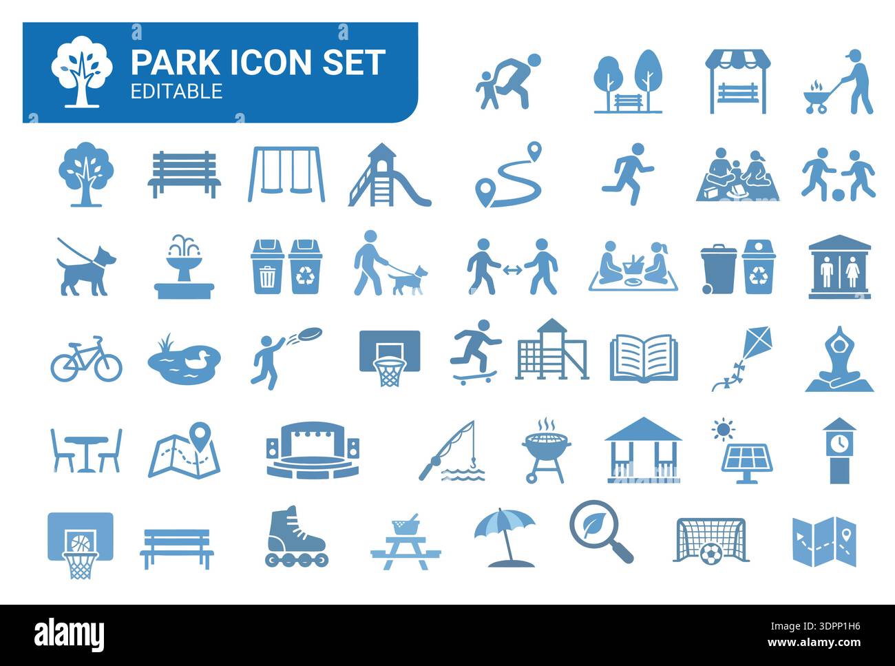 Set di icone per parchi e attività ricreative all'aperto: Parco giochi modificabile, natura, picnic e parco pubblico Vector Collection Illustrazione Vettoriale