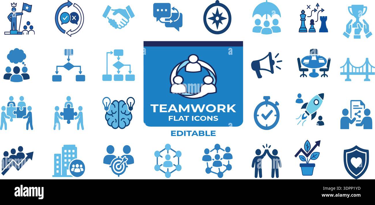 Insieme di icone piatte sul lavoro di squadra e sulla collaborazione aziendale – Leadership, Partnership, strategia e raccolta vettoriale aziendale modificabile Illustrazione Vettoriale