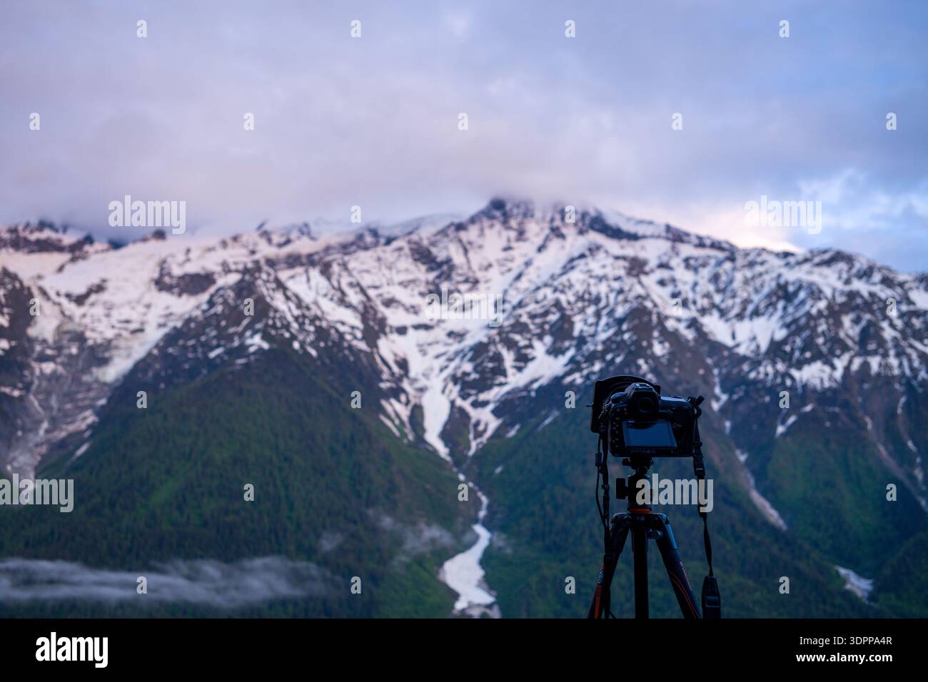 Posizione sconosciuta - 9 giugno 2021: Una fotocamera digitale montata su un treppiede è posizionata in primo piano, rivolta verso uno sfondo di vette innevate e pendii boscosi, probabilmente nelle Alpi. Foto Stock