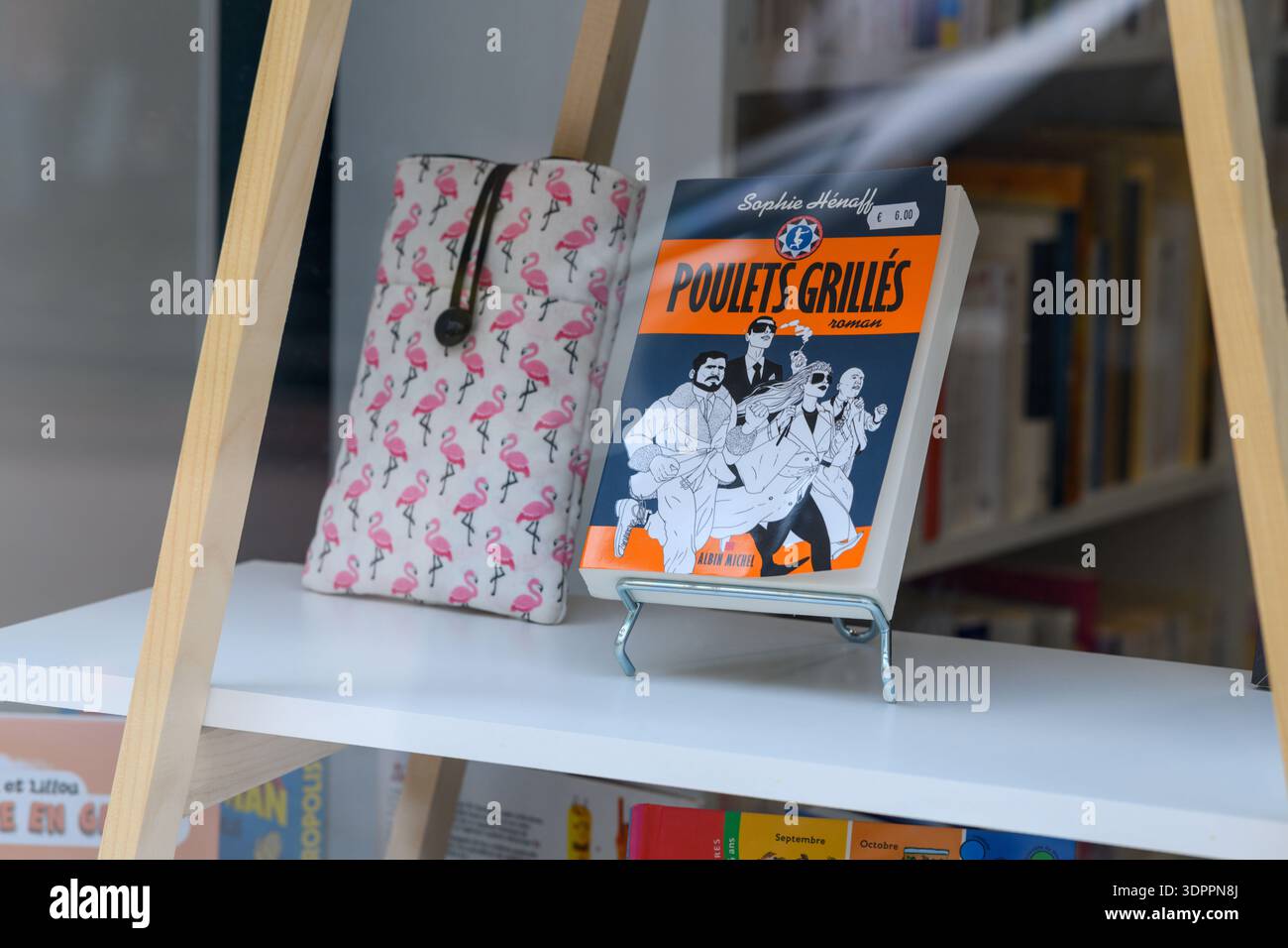 Luogo sconosciuto - 12 maggio 2021: Il libro francese "Poulets Grilles" di Sophie Henaff è esposto in posizione verticale su una mensola bianca dietro il vetro, accanto a una custodia in tessuto con motivo fenicottero rosa. Foto Stock