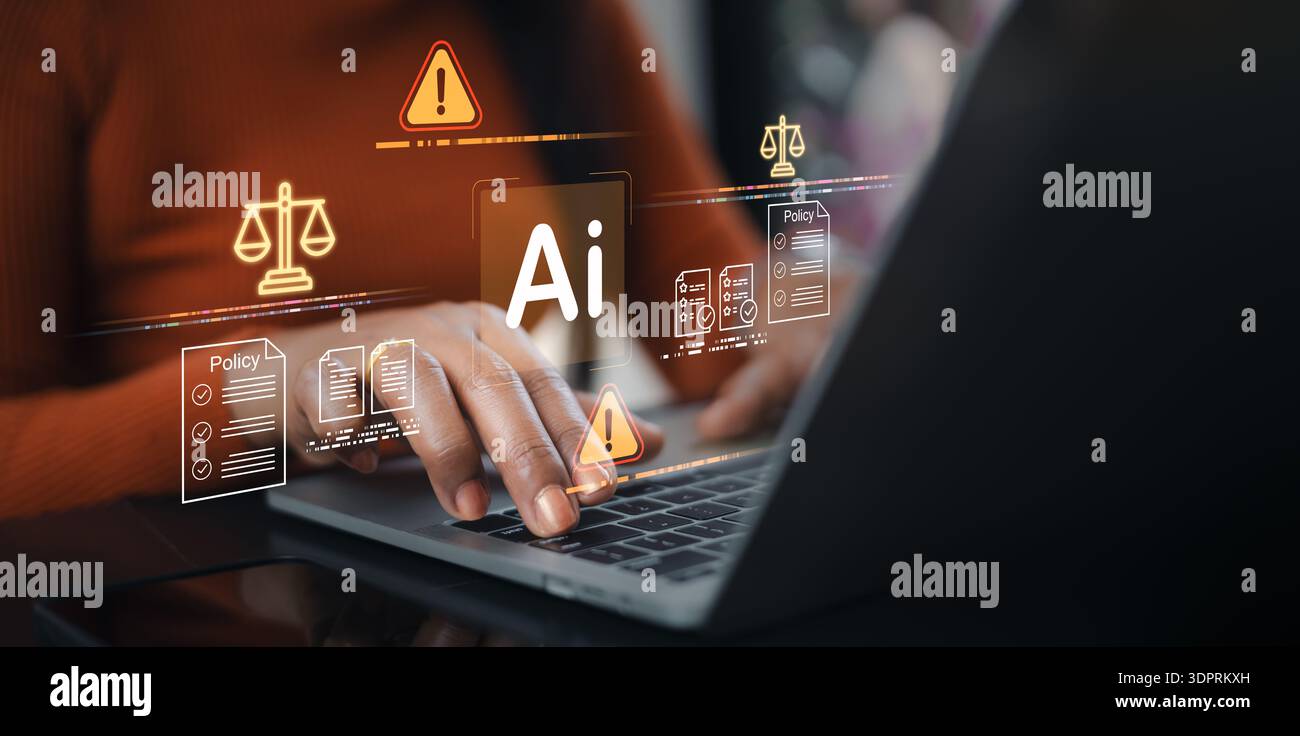 Donna d'affari che utilizza un notebook con icone di etica, legge e policy ai. Concetto di regolamentazione dell'intelligenza artificiale, conformità legale, governance digitale Foto Stock