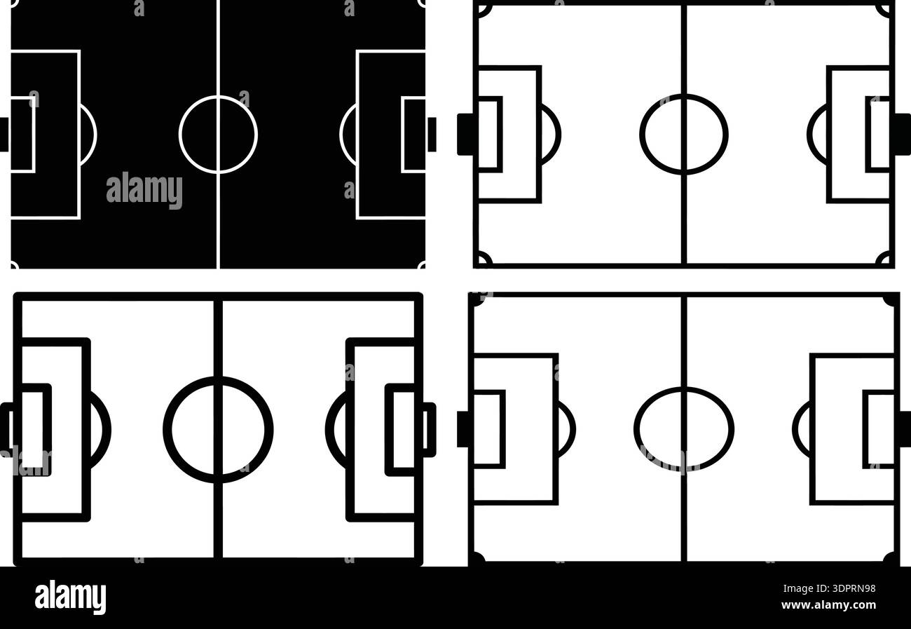 Set vettoriale per la vista dall'alto del campo da calcio, illustrazione della disposizione del campo da calcio, collezione di design per la planimetria dello stadio Illustrazione Vettoriale