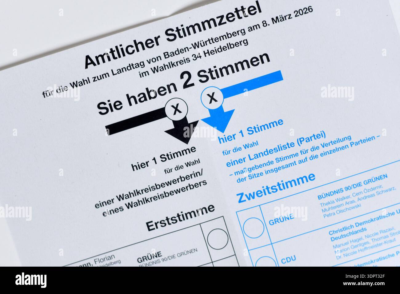 Heidelberg, Germania - 11 febbraio 2026: Schede elettorali per le elezioni statali del Baden-Württemberg 'Landtagswahl' del 2026 che mostrano le opzioni di voto Foto Stock