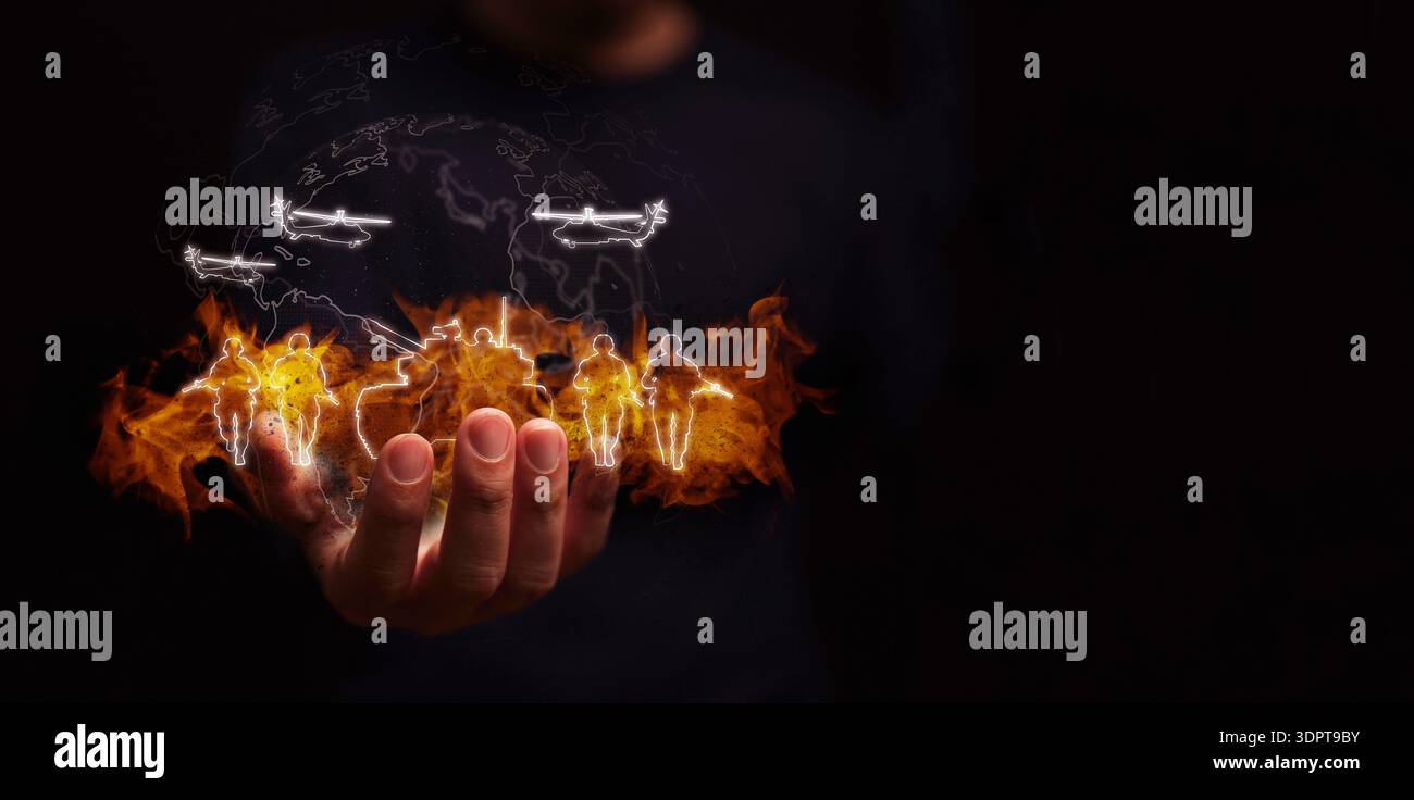 Concetto di guerra globale con soldati, carri armati e jet da combattimento su globo in fiamme, mappa del mondo, in mano umana. Conflitto militare, crisi geopolitica, difesa Foto Stock