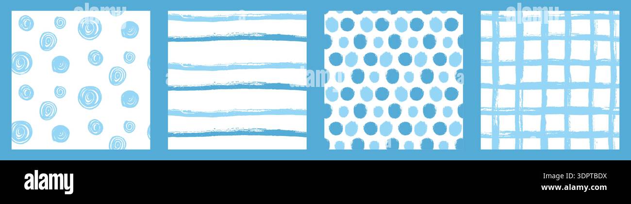 Collezione estiva blu con motivi senza cuciture. Pennello a strisce per bambini, pois di polka e griglia a vichè per un tema pastello maschile o costiero. Ondulato astratto Illustrazione Vettoriale