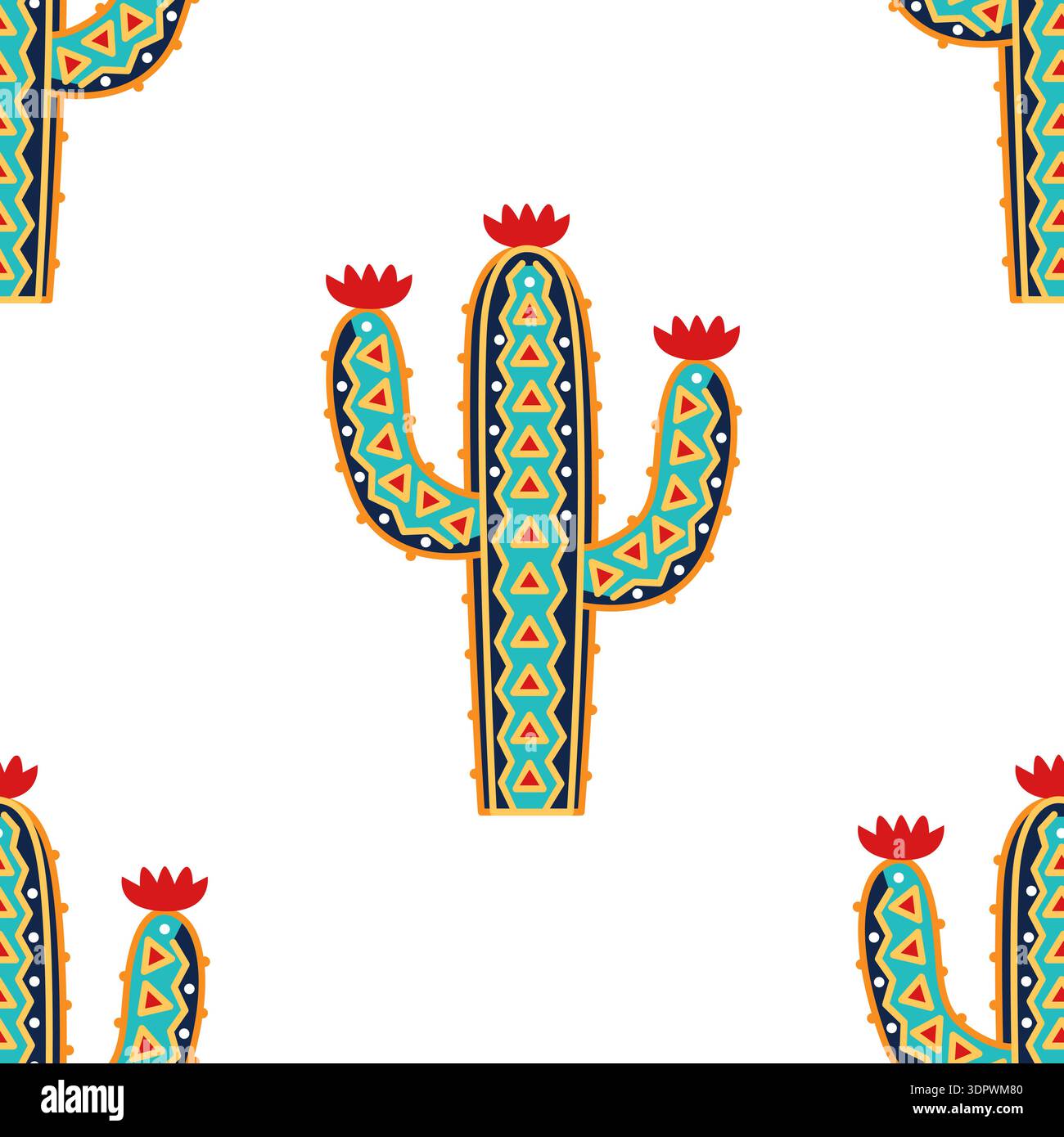 Cactus colorato con motivi colorati, sfondo senza cuciture. Cactus con illustrazione vettoriale ornamento. Illustrazione Vettoriale