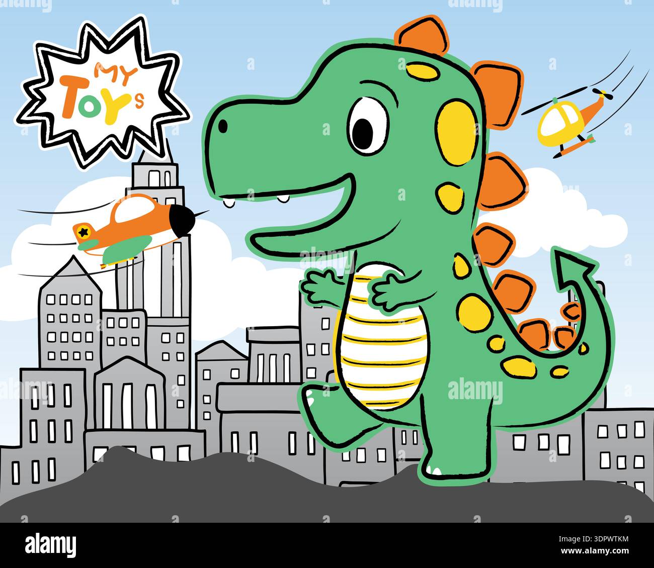 Grande dinosauro verde che cammina attraverso una città con un aereo. Illustrazione Vettoriale