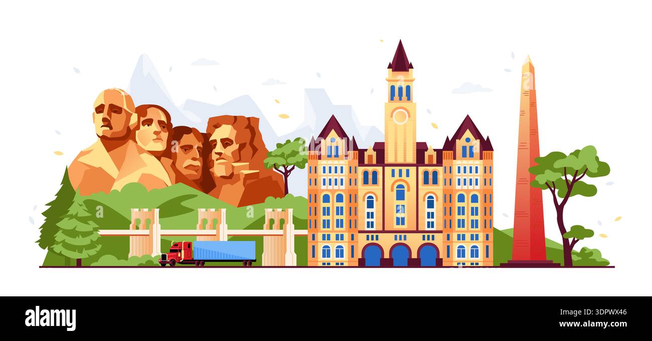 Mount Rushmore & Old Post Office - illustrazione colorata di design piatto Illustrazione Vettoriale