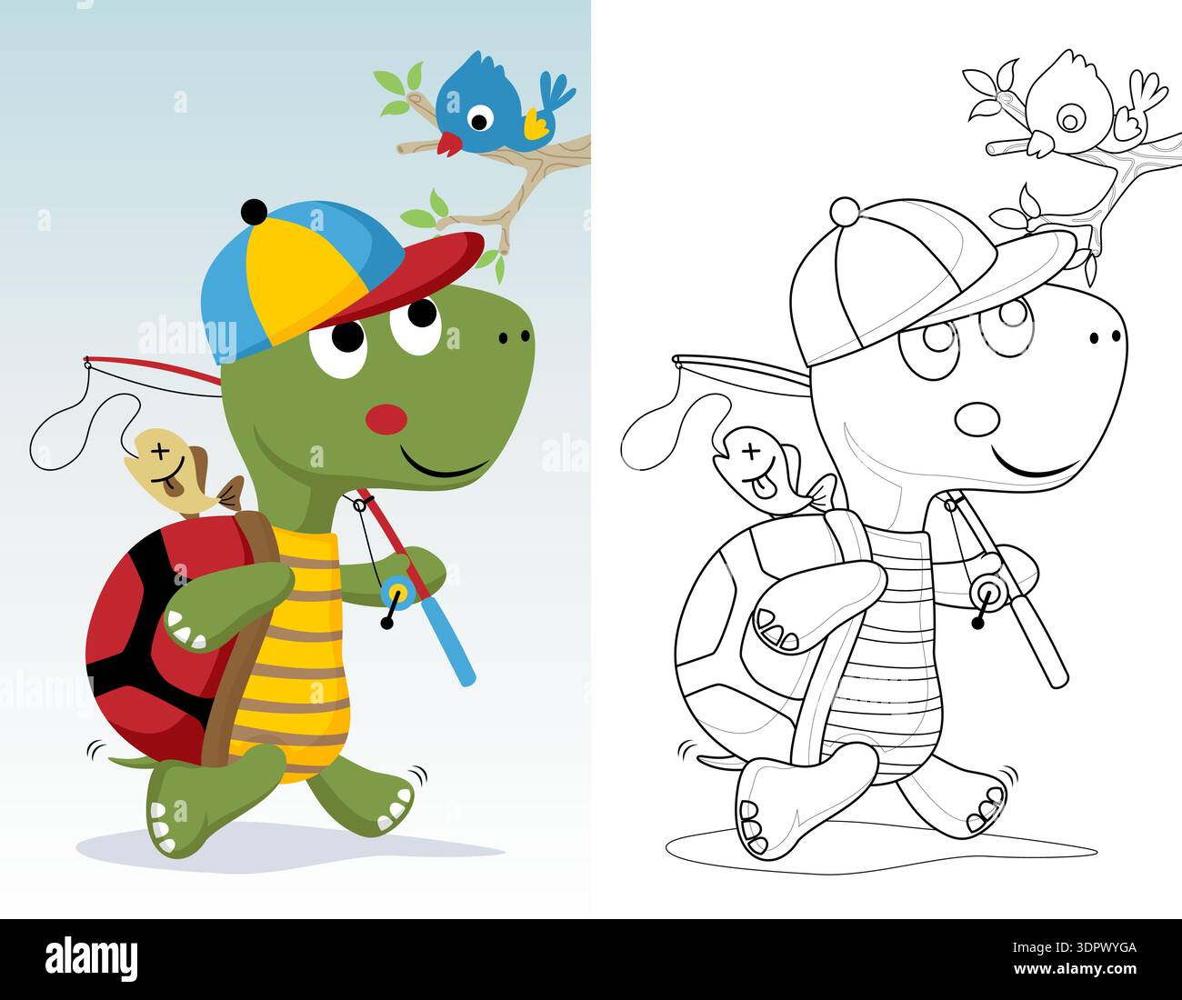 Tartaruga cartoni animati che indossa un cappello andando a pescare con l'uccello, libro da colorare o pagina. Illustrazione Vettoriale