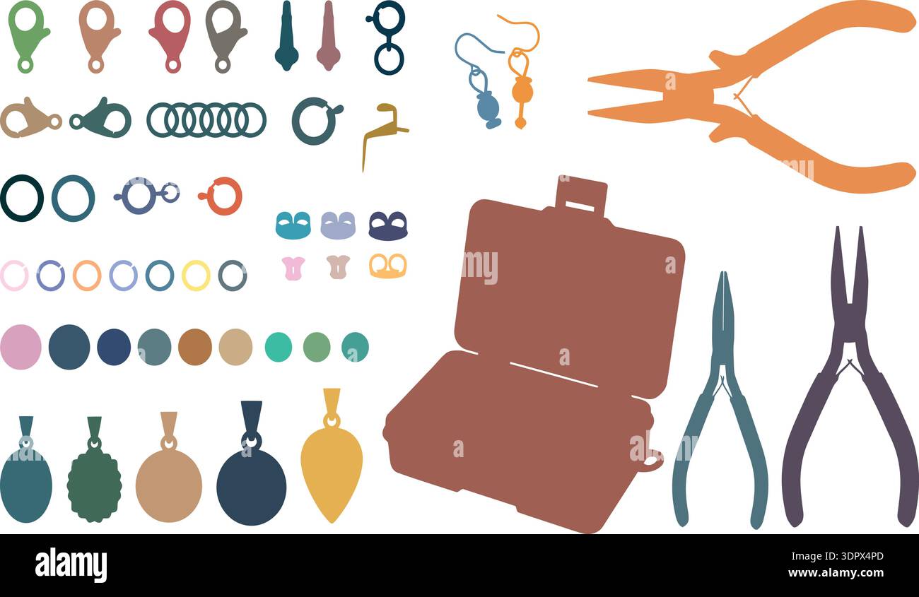 Set di strumenti per la creazione di gioielli e reperti con pinze anelli chiusure pendenti e illustrazione vettoriale scatolata Illustrazione Vettoriale