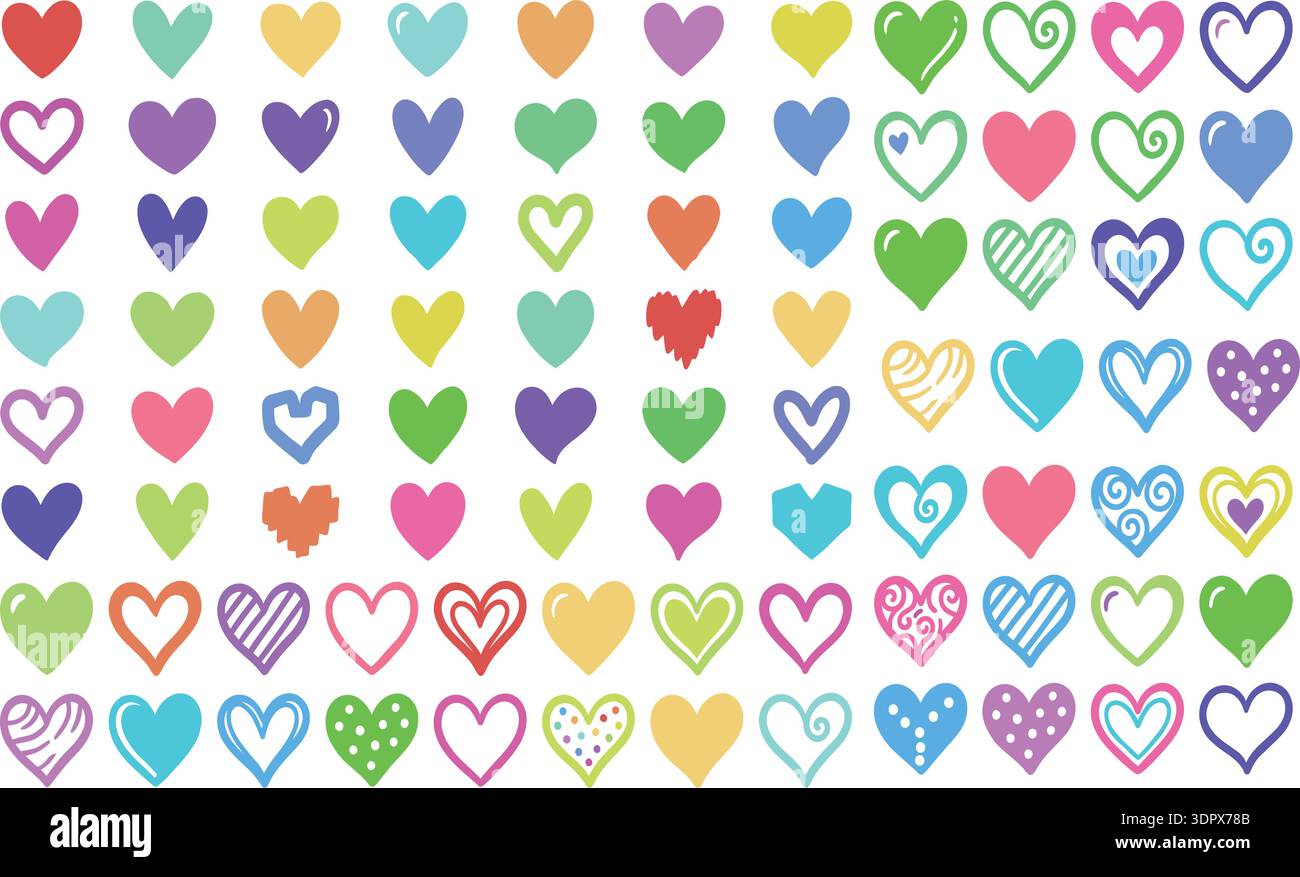 Collezione di icone a cuore colorato Set carini simboli d'amore per l'illustrazione vettoriale di San Valentino Illustrazione Vettoriale