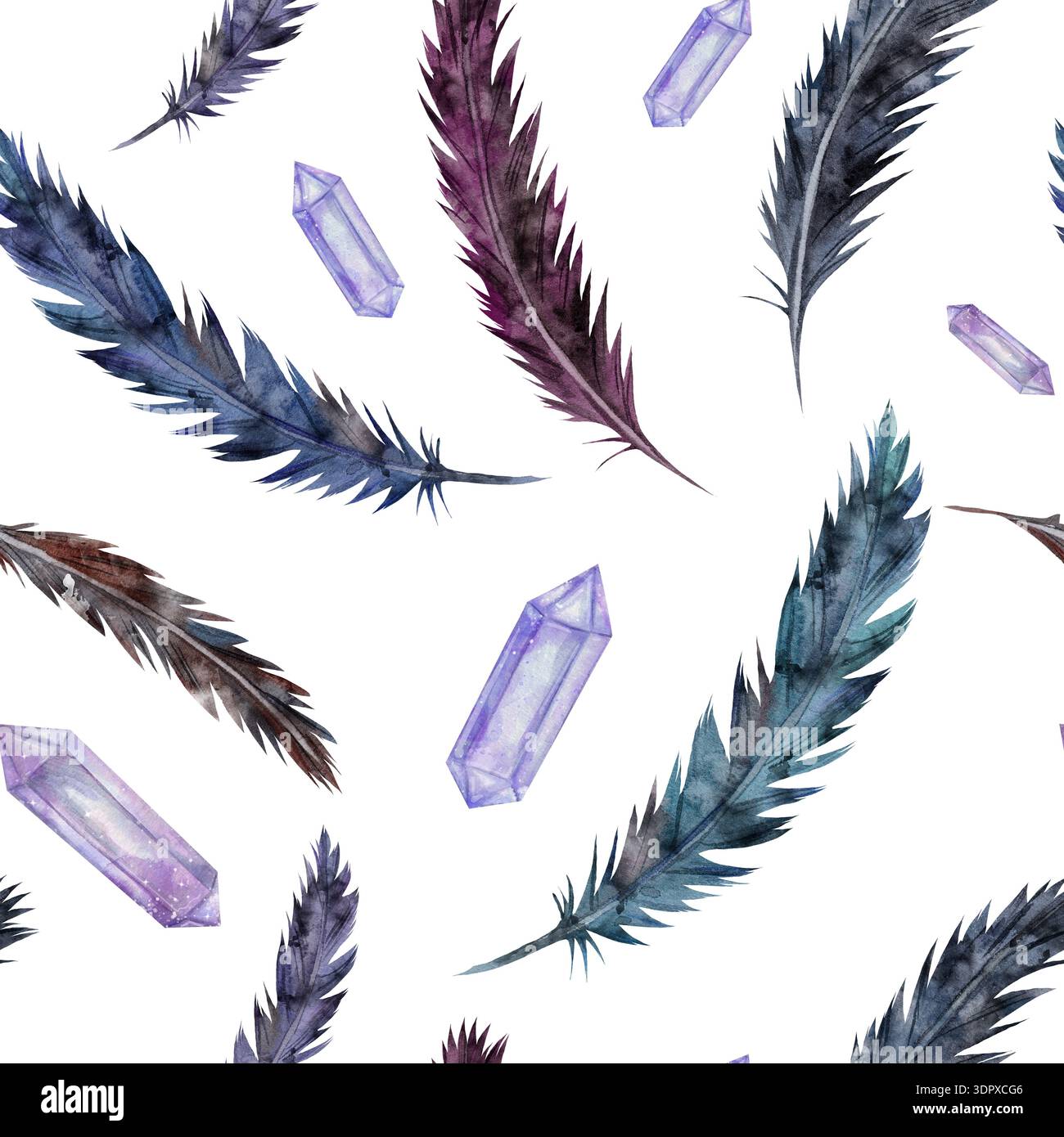 Fantasia mistica senza cuciture con piume di uccelli dai toni scuri in blu, marrone e nero. Illustrazione acquerello su sfondo bianco. Per design, decorazioni e packaging esoterici e magici Foto Stock