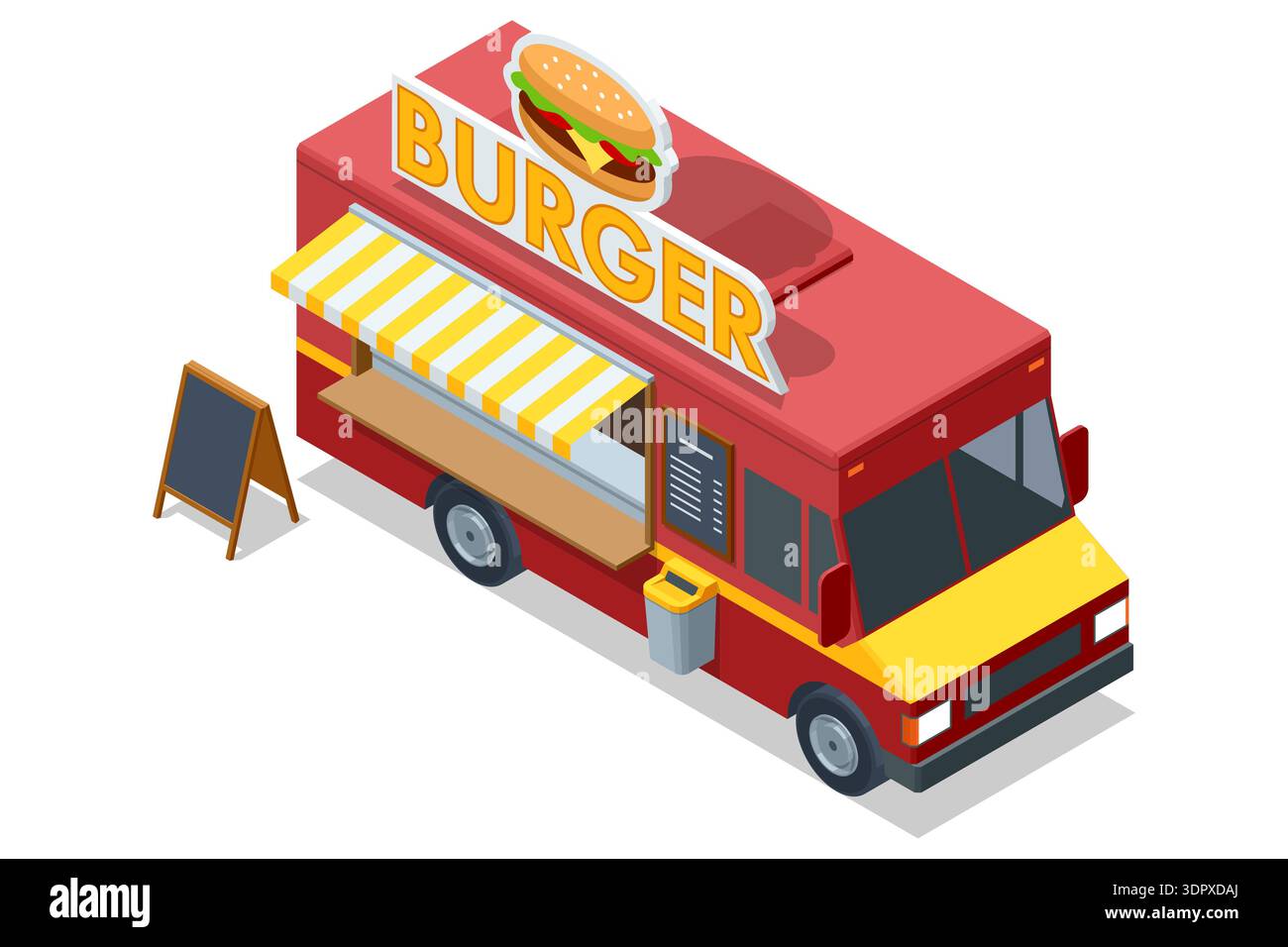 Furgone Isometrico per hamburger con tendalino a strisce e tabellone per menu. Fast food Street vendor concept per attività di catering da asporto, snack e mobile Illustrazione Vettoriale