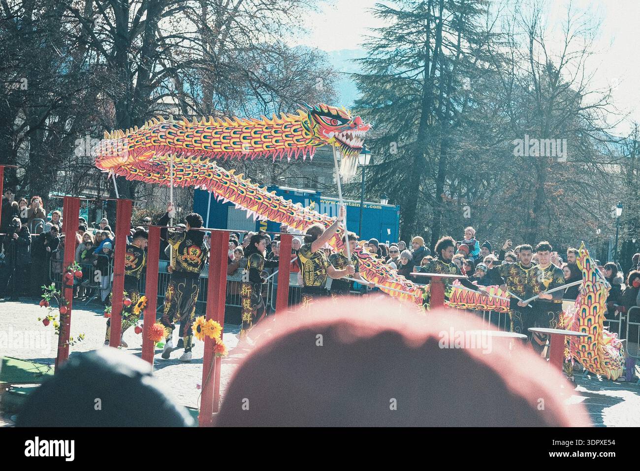 Danza del drago e del leone, esplosione di energia e dinamismo simbolo dell'anno del Cavallo del fuoco, per celebrare il Capodanno cinese Foto Stock