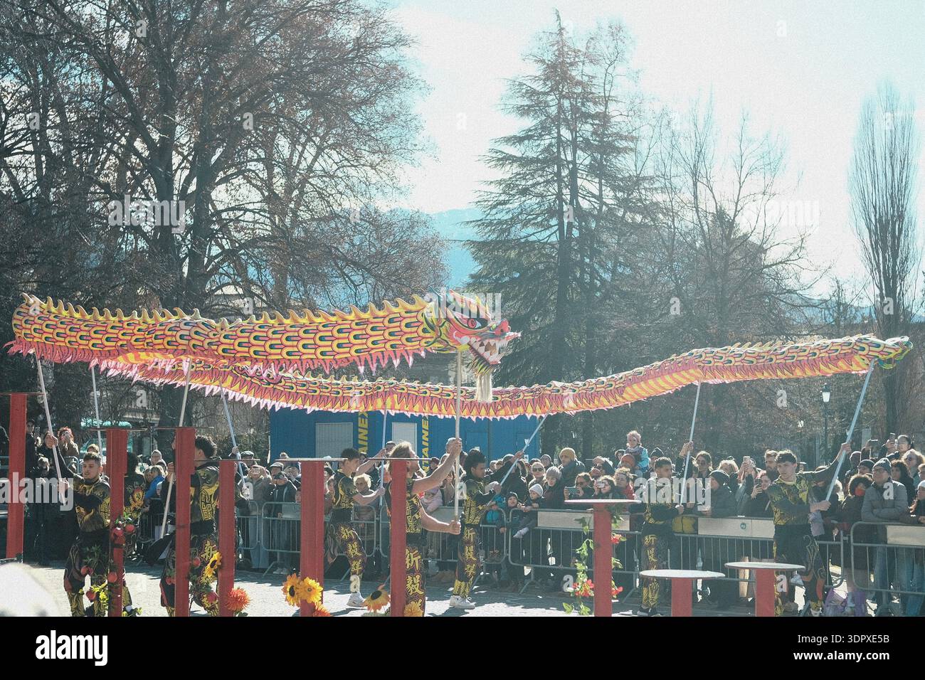Danza del drago e del leone, esplosione di energia e dinamismo simbolo dell'anno del Cavallo del fuoco, per celebrare il Capodanno cinese Foto Stock