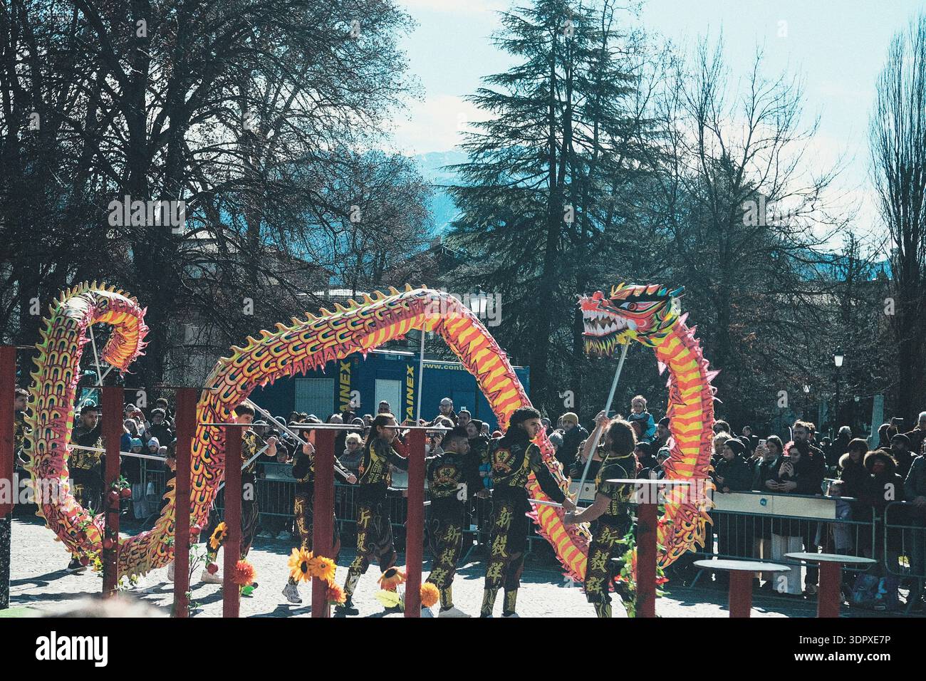 Danza del drago e del leone, esplosione di energia e dinamismo simbolo dell'anno del Cavallo del fuoco, per celebrare il Capodanno cinese Foto Stock