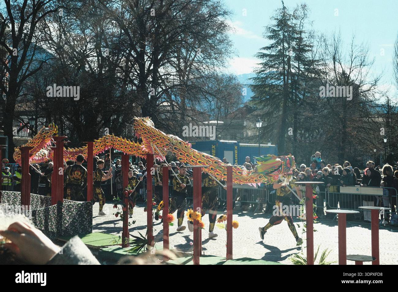 Danza del drago e del leone, esplosione di energia e dinamismo simbolo dell'anno del Cavallo del fuoco, per celebrare il Capodanno cinese Foto Stock