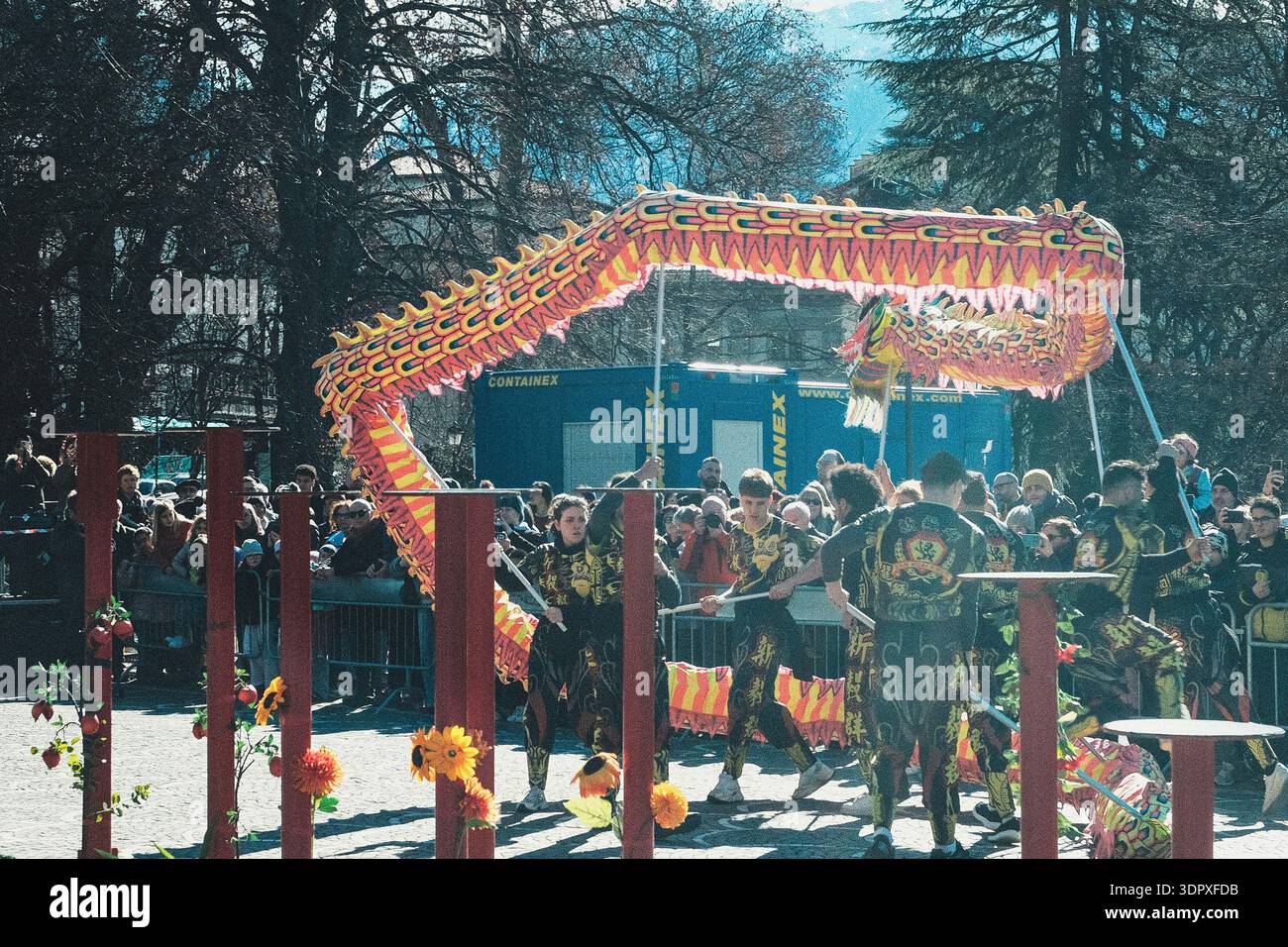 Danza del drago e del leone, esplosione di energia e dinamismo simbolo dell'anno del Cavallo del fuoco, per celebrare il Capodanno cinese Foto Stock