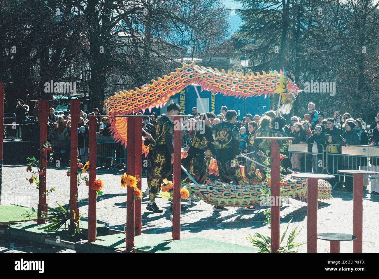 Danza del drago e del leone, esplosione di energia e dinamismo simbolo dell'anno del Cavallo del fuoco, per celebrare il Capodanno cinese Foto Stock