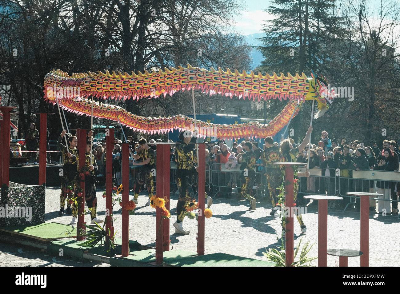 Danza del drago e del leone, esplosione di energia e dinamismo simbolo dell'anno del Cavallo del fuoco, per celebrare il Capodanno cinese Foto Stock
