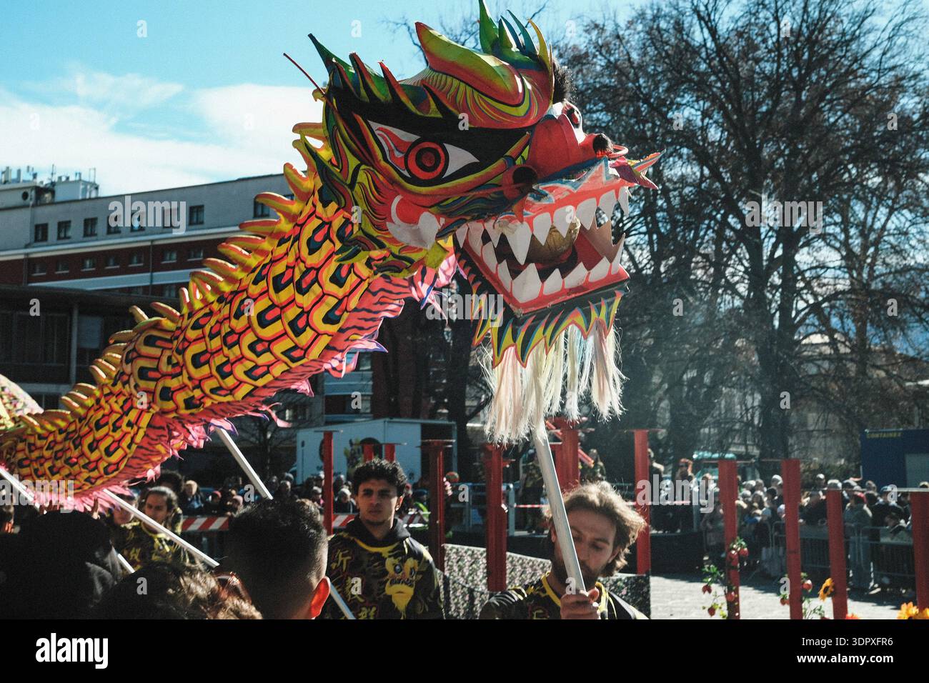 Danza del drago e del leone, esplosione di energia e dinamismo simbolo dell'anno del Cavallo del fuoco, per celebrare il Capodanno cinese Foto Stock