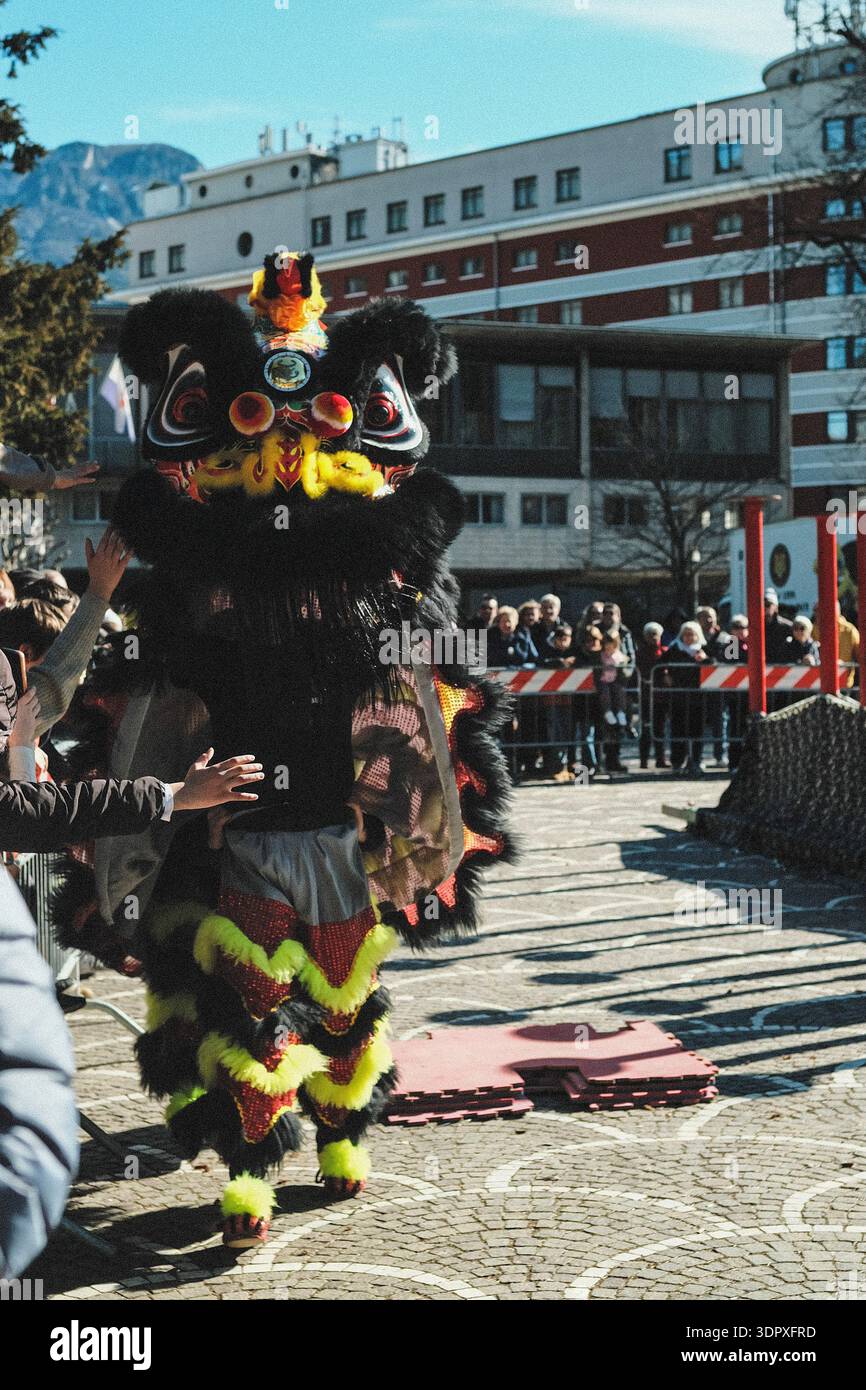Danza del drago e del leone, esplosione di energia e dinamismo simbolo dell'anno del Cavallo del fuoco, per celebrare il Capodanno cinese Foto Stock