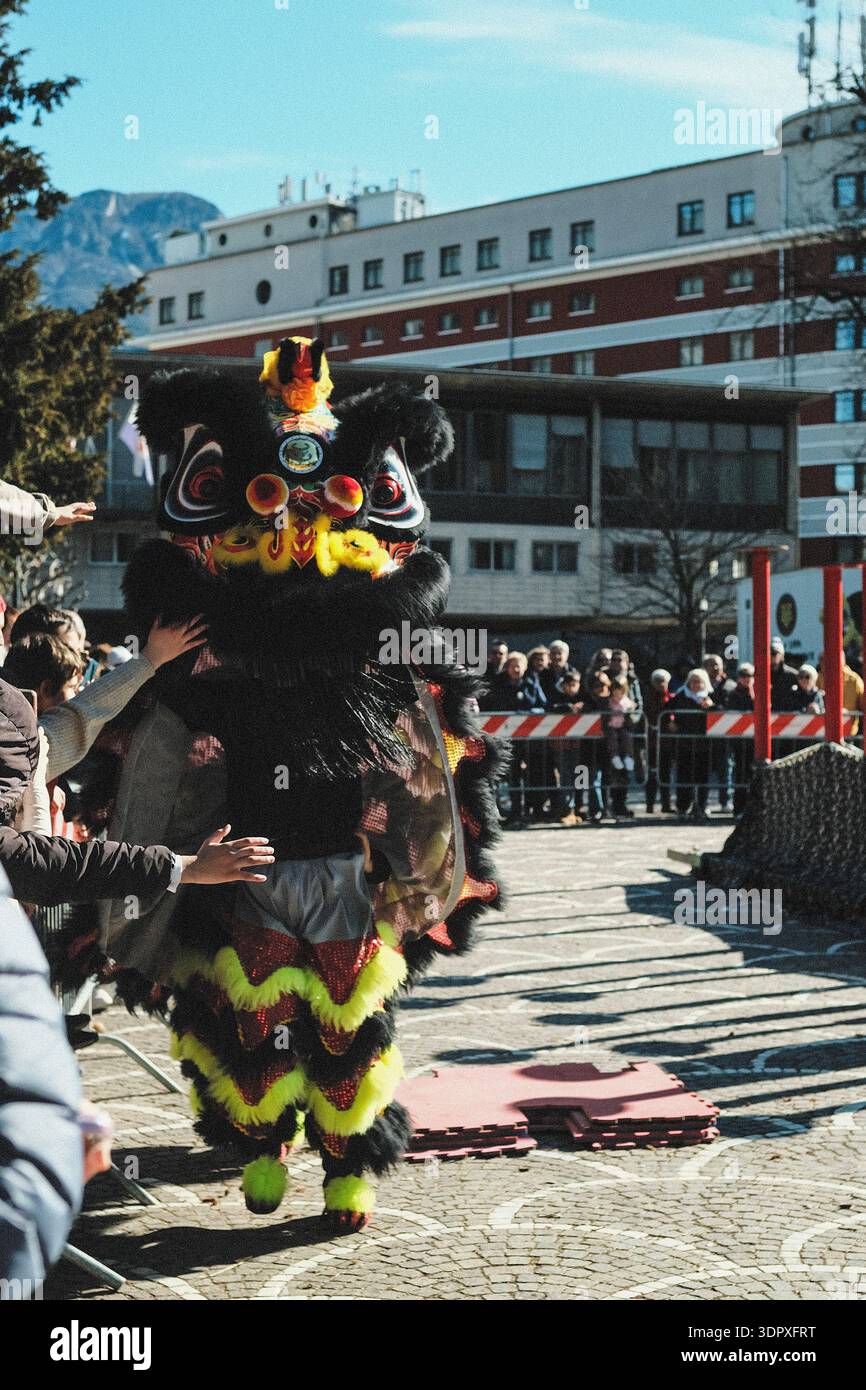 Danza del drago e del leone, esplosione di energia e dinamismo simbolo dell'anno del Cavallo del fuoco, per celebrare il Capodanno cinese Foto Stock