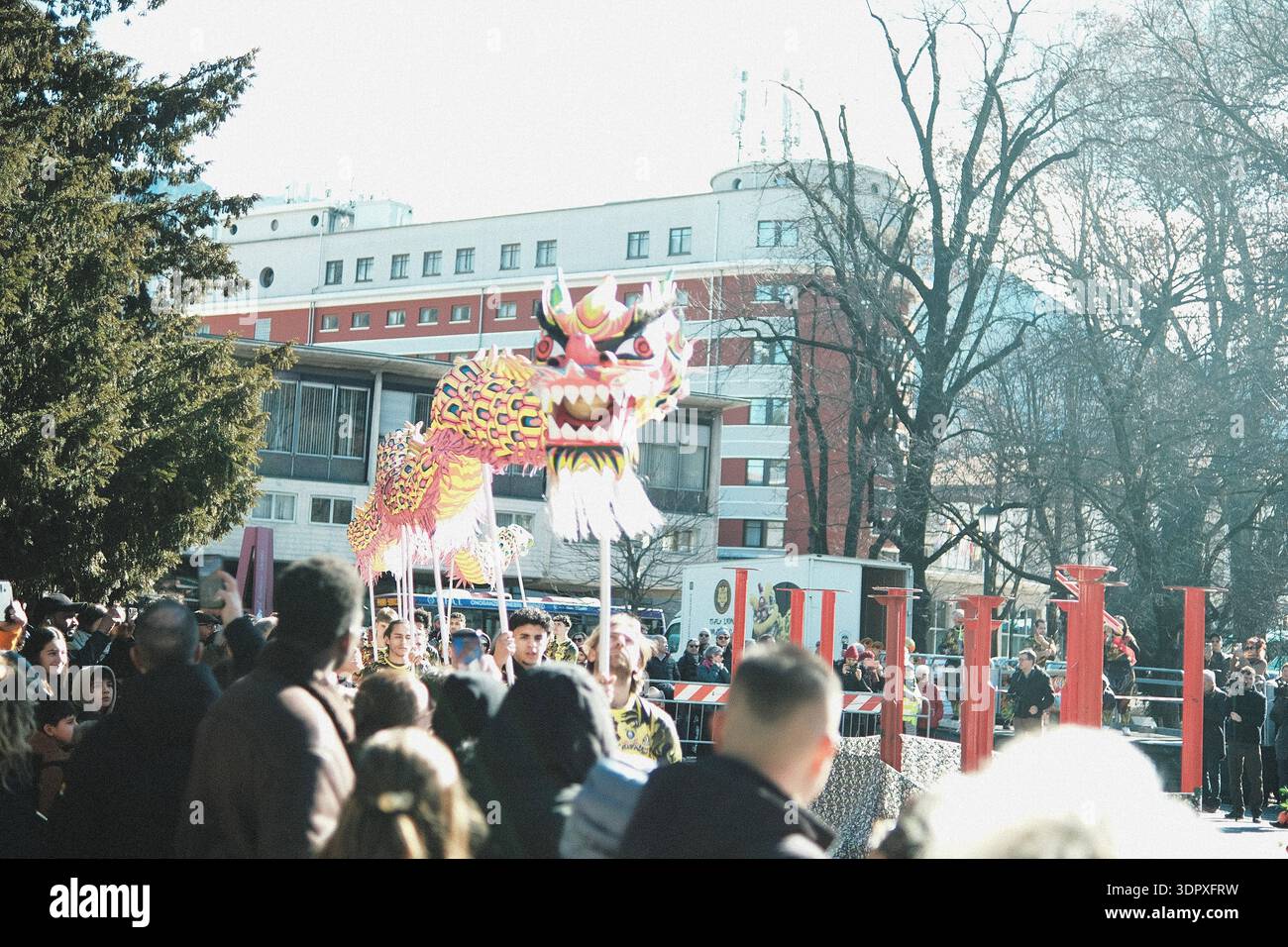 Danza del drago e del leone, esplosione di energia e dinamismo simbolo dell'anno del Cavallo del fuoco, per celebrare il Capodanno cinese Foto Stock