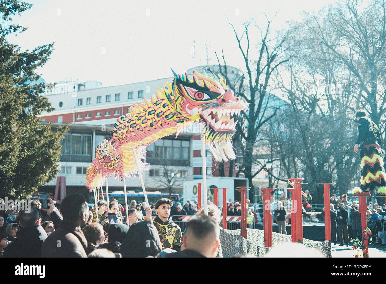 Danza del drago e del leone, esplosione di energia e dinamismo simbolo dell'anno del Cavallo del fuoco, per celebrare il Capodanno cinese Foto Stock