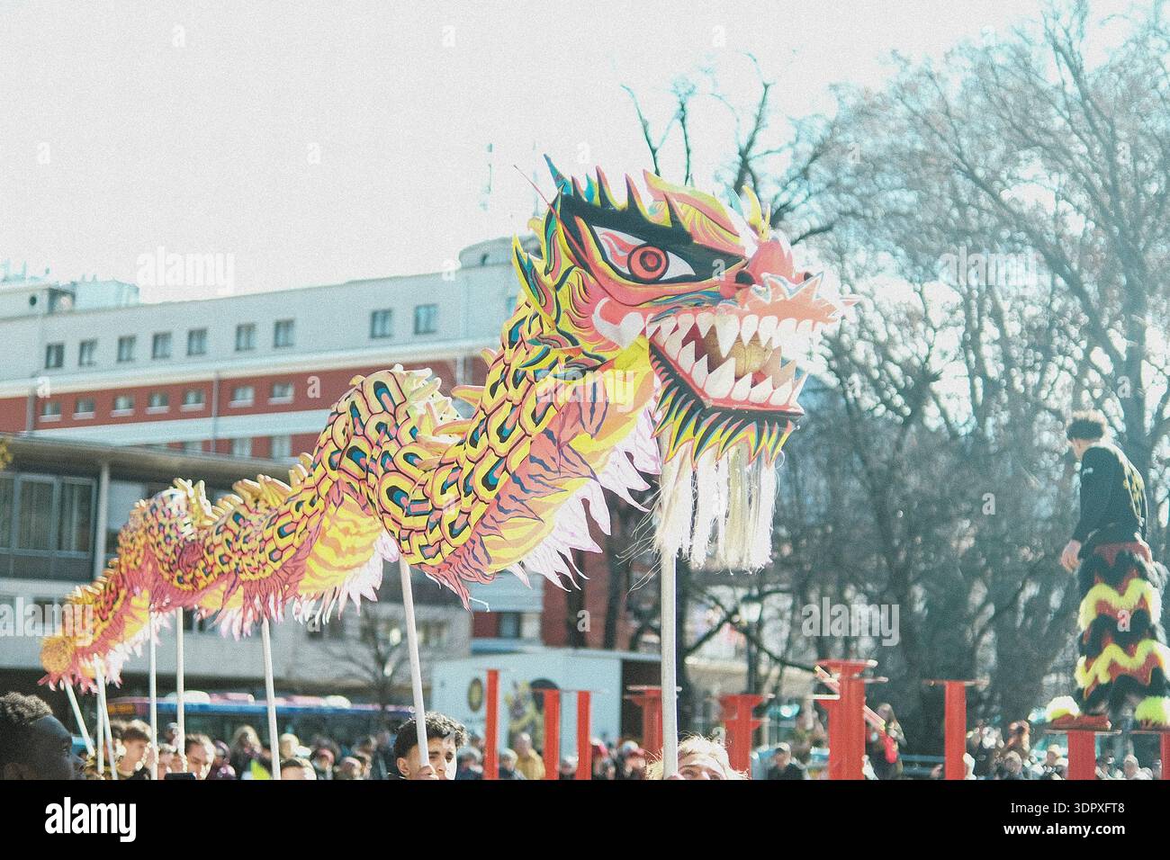 Danza del drago e del leone, esplosione di energia e dinamismo simbolo dell'anno del Cavallo del fuoco, per celebrare il Capodanno cinese Foto Stock