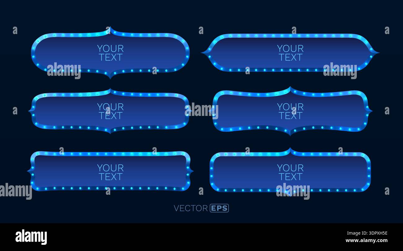 Cornici di luce al neon blu per testo e annunci pubblicitari, con lampadine brillanti e stile rétro. Illustrazione vettoriale. Illustrazione Vettoriale