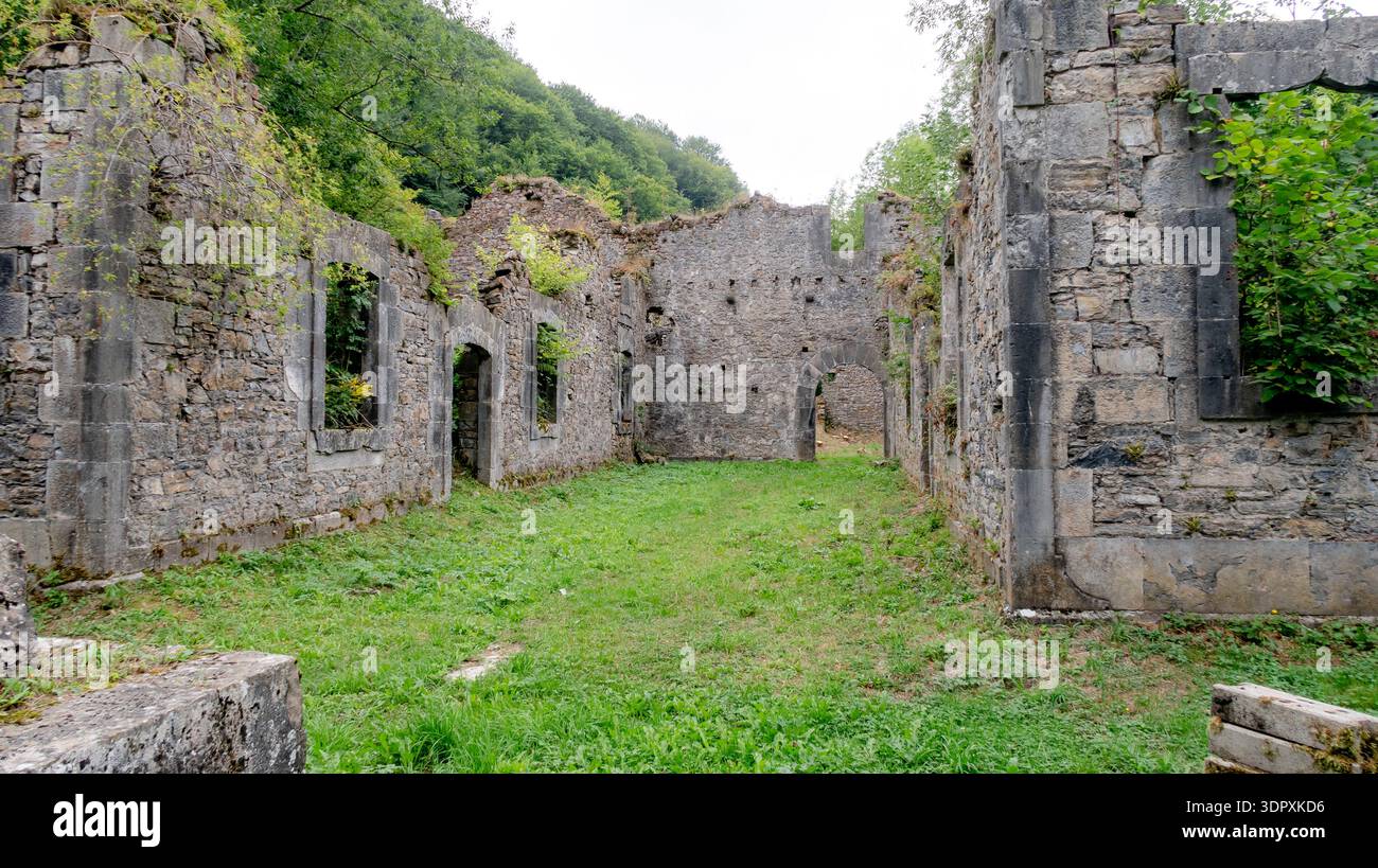Le rovine in pietra della fabbrica reale di armi e munizioni di Orbaiceta si stagliano tra una fitta vegetazione. I resti riflettono lentamente l'uso industriale passato come natura Foto Stock