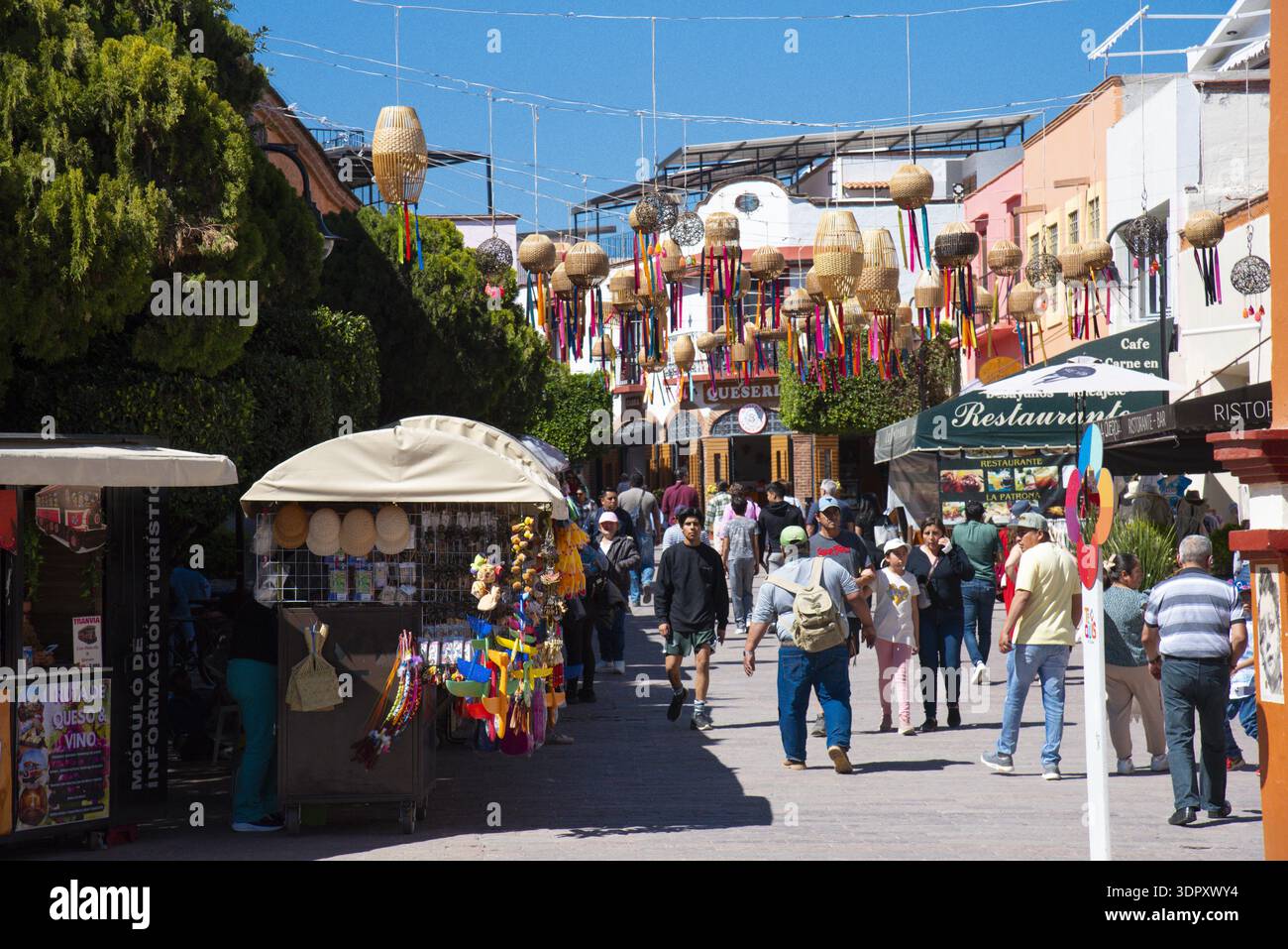 Tequisquiapan, Messico - 09 febbraio 2025: Vista di una strada vivace adornata da vivaci decorazioni, che offre un'esplosione sensoriale di colori e textu Foto Stock